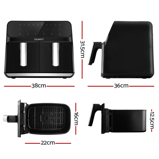 Devanti Air Fryer 8L Dual Zone Fryers AF-K-J-NA8D-BK