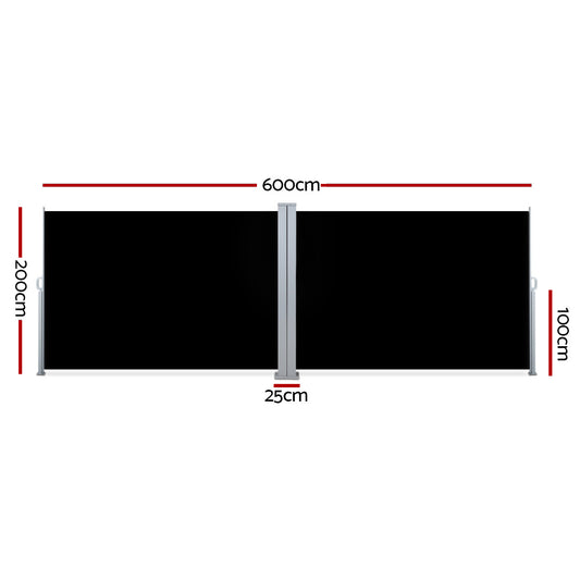 Instahut Side Awning Outdoor Blinds Sun Shade Retractable Screen 2X6M BK AWN-B-SIDE-BD-200-BLACK