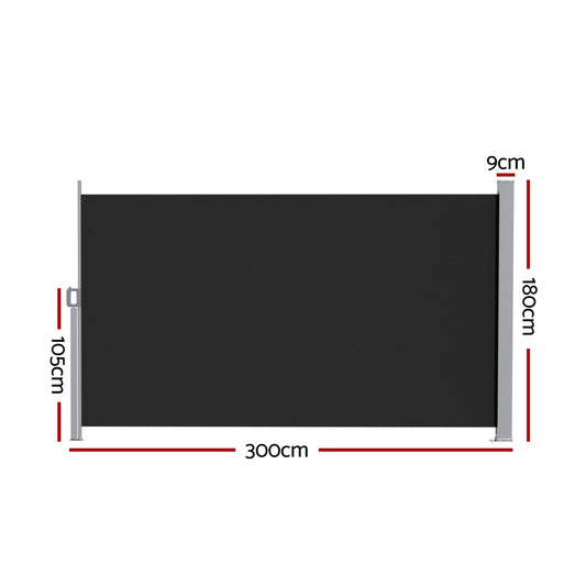 Instahut Side Awning Sun Shade Outdoor Retractable Privacy Screen 1.8X3M Black AWN-B-SIDE-FC-180-BK