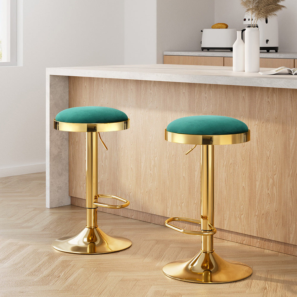 2x Artiss Bar Stools Kitchen Dining Chairs Velvet Padded Stool Green BA-B-FABRIC-G02-GRX2