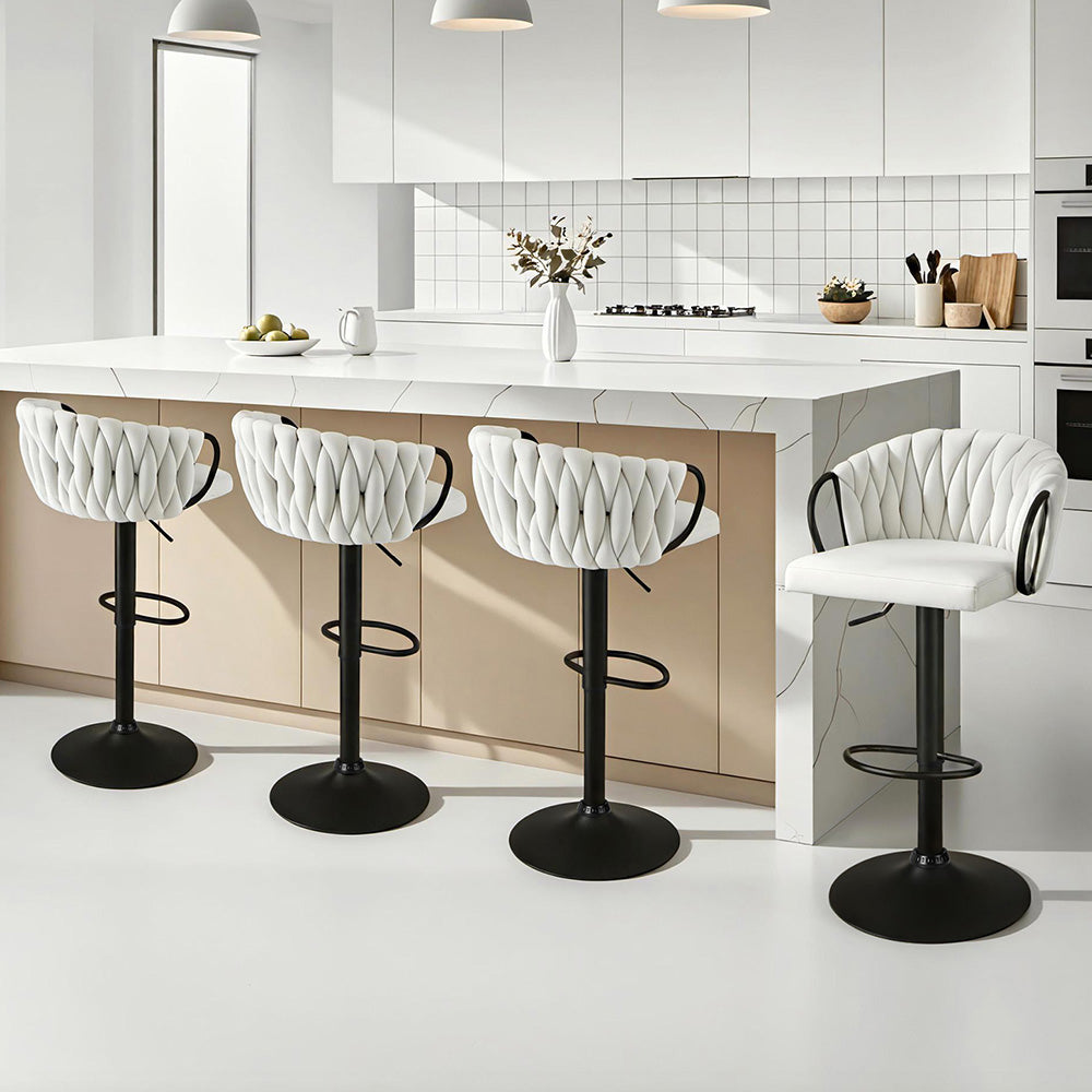 Artiss Bar Stool x4 Kitchen Dining Chair Counter Gaslift Woven Velvet Ivory BA-K-71096-BGX4