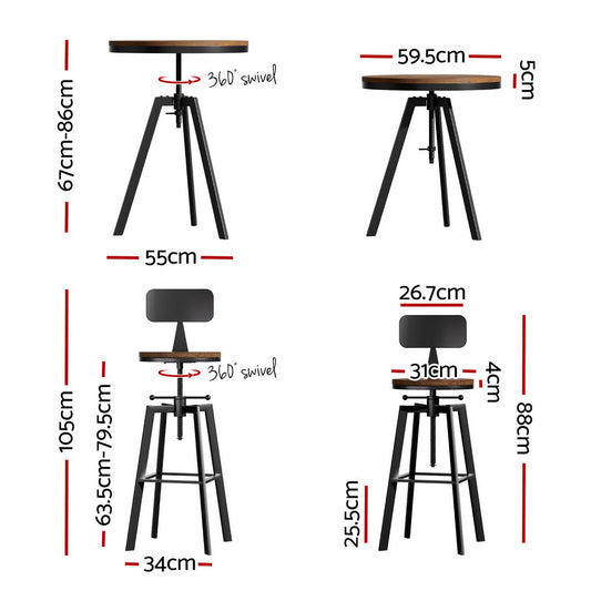 Artiss Bar Table and Stools Set Dining Desk Industrial Kitchen Chairs Cafe Pub BA-TAB-CHR-SET-RETRO