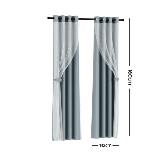 Artiss 2X 132x160cm Blockout Sheer Curtains Light Grey BC-SR-132X160-GY