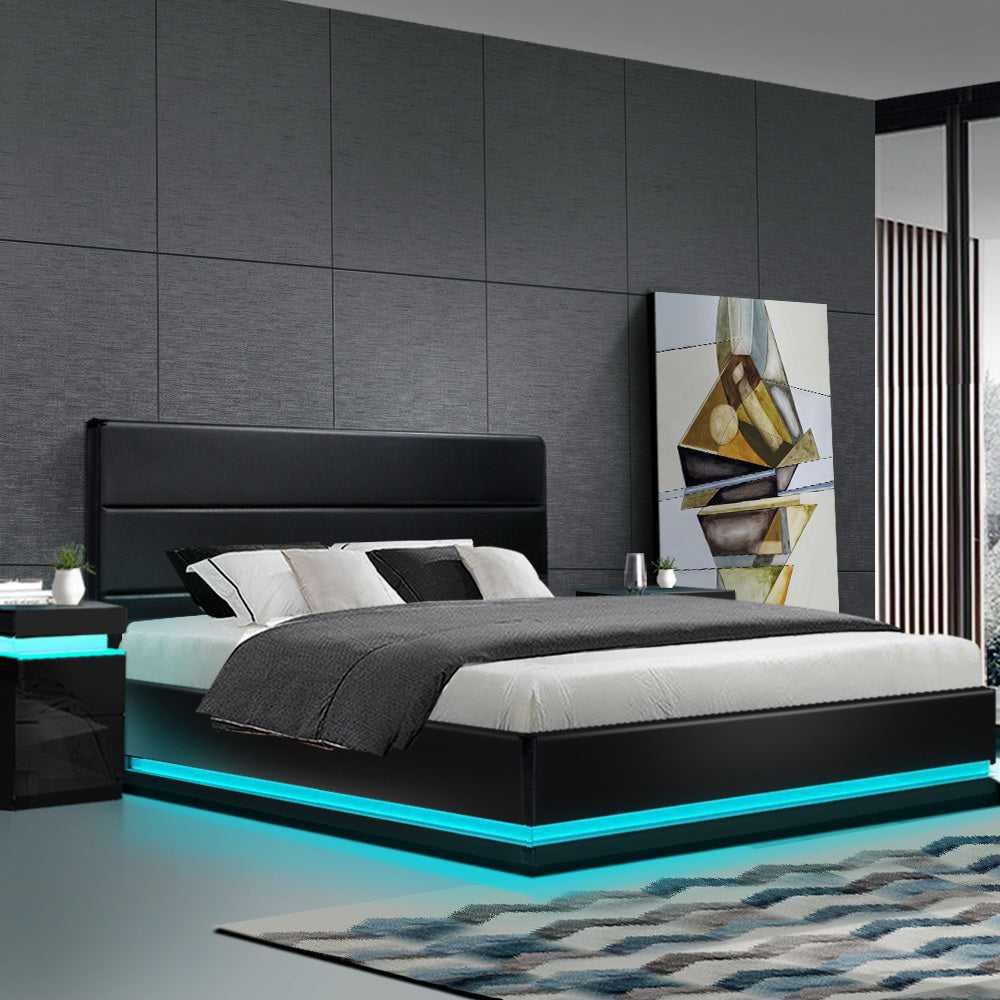 Artiss Bed Frame King Size LED Gas Lift Black LUMI BFRAME-E-LUMI-K-BK-ABC
