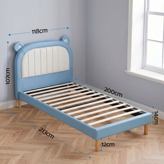 Artiss Kids King Single Bed Frame Upholstered Bear Headboard Waterproof Leather Boys Bed 180kg Capacity Blue BFRAME-G-BEAR-KS-BU-AB