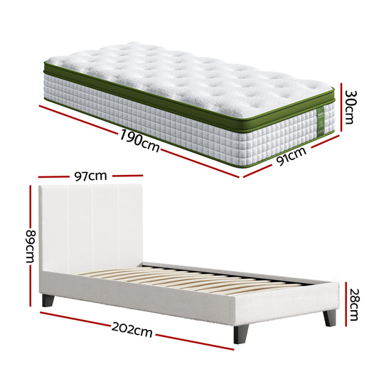 Artiss Single Bed Frame with Hybrid Mattress Set 30cm Medium Firm Platform Headboard Boucle Upholstered BFRAME-SET-NEO-TED-S