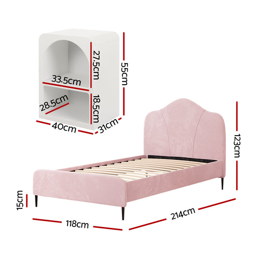 Artiss King Single Storage Bed Frame Velvet with Bedside Table Pink BFRAME-SET-OLAN-BS-01