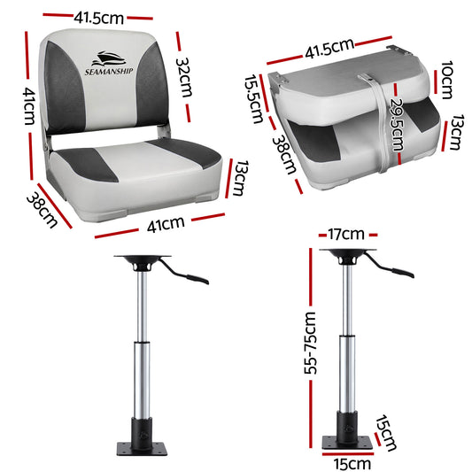 Seamanship 2X Folding Boat Seats with 2X Adjustable Pedestals 55-75cm Marine Swivel Low Back 13cm Padding BS-86202-GC-40-5575X2