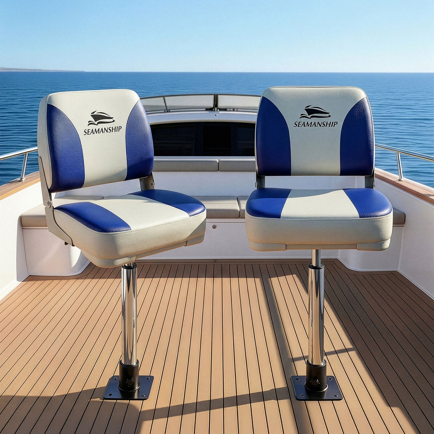 Seamanship 2X Folding Boat Seats with 2X Adjustable Pedestals 55-75cm Marine Swivel Low Back 13cm Padding BS-86202-WB-40-5575X2
