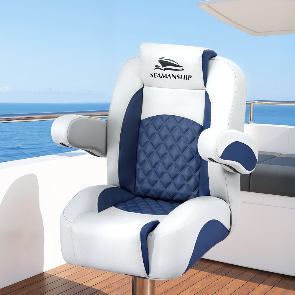 Seamanship Reclining Captain Boat Seat 90 degrees-155 degrees Recline, 19cm Thick Cushion BS-B-ARMREST-BL