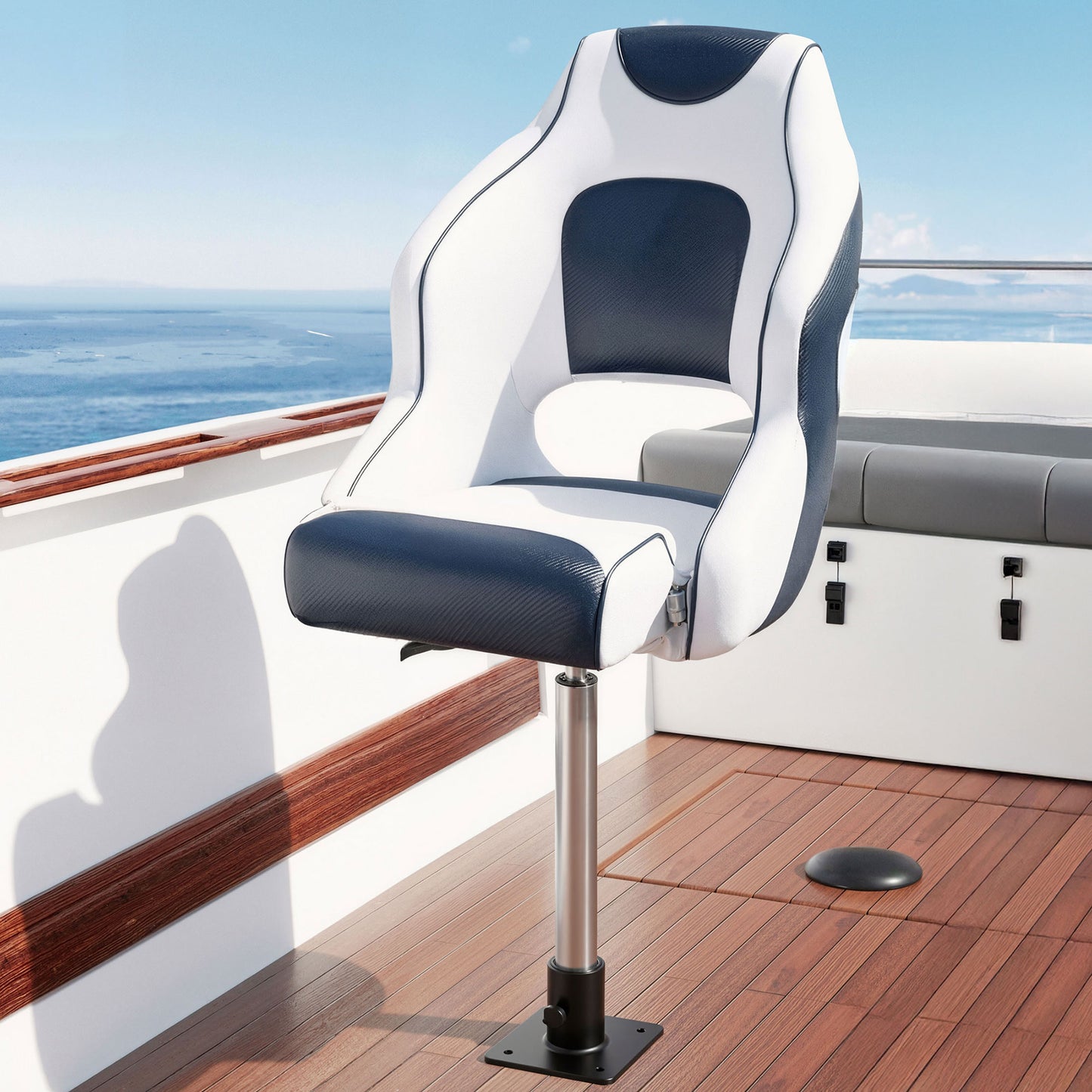 Seamanship Captain Bucket Boat Seats Flip Up Bolster Swivel 15cm Padding with Adjustable Pedestals 55-75cm BS-B-HELM-WB-60-5575