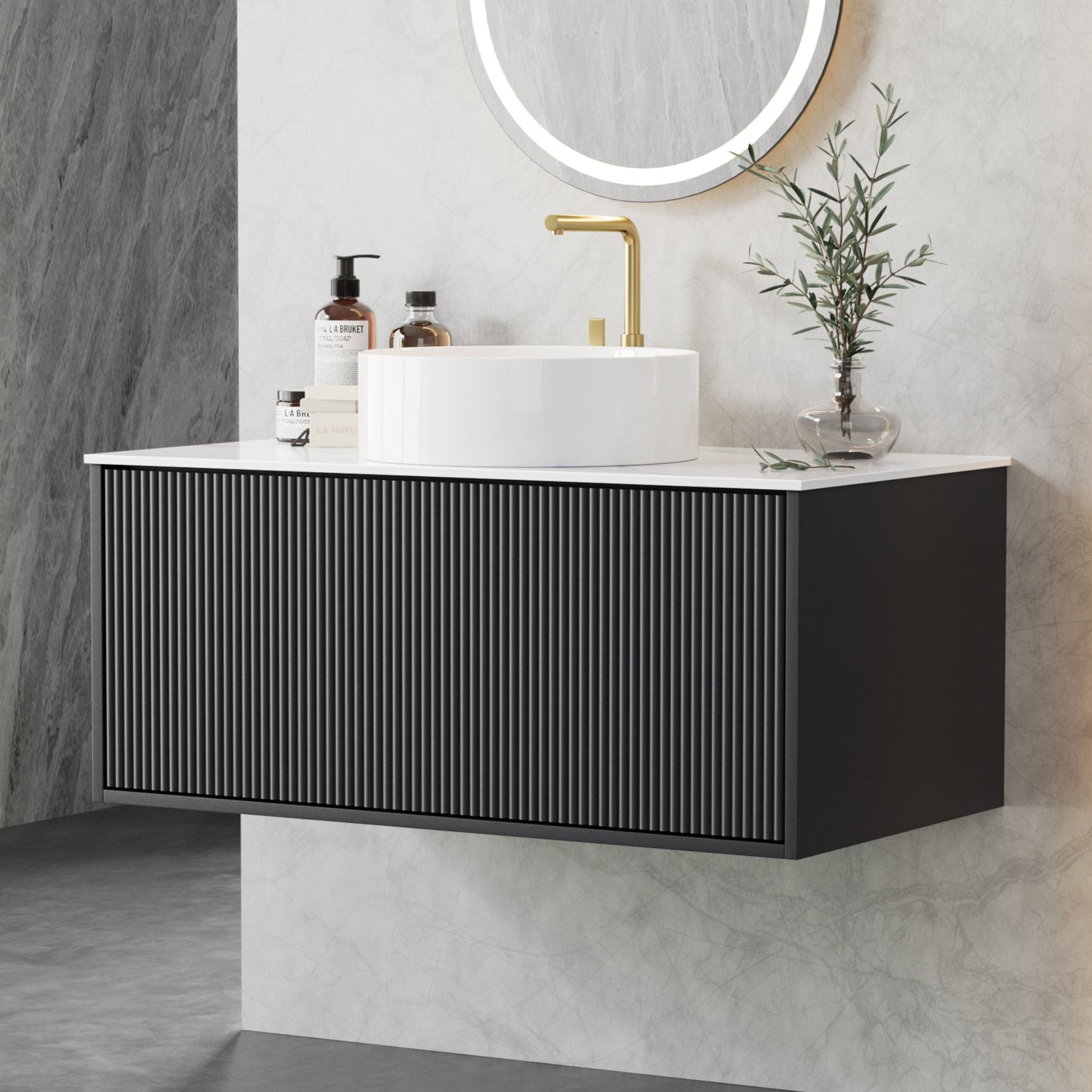 Cefito Vanity Unit 900mm Bathroom Cabinet Storage Wall Hung Grooved Timber Black BV-CA-TIR1-900-BK-ABC