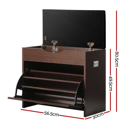Artiss Shoe Rack Cabinet Bench 3-tier 15 Pairs Walnut CABINET-8836-WAL