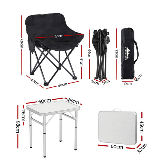 Weisshorn 3pc Camping Table Chair Set Outdoor Folding Aluminium Portable Picnic CAMP-MOON-BKX2-MDF-60