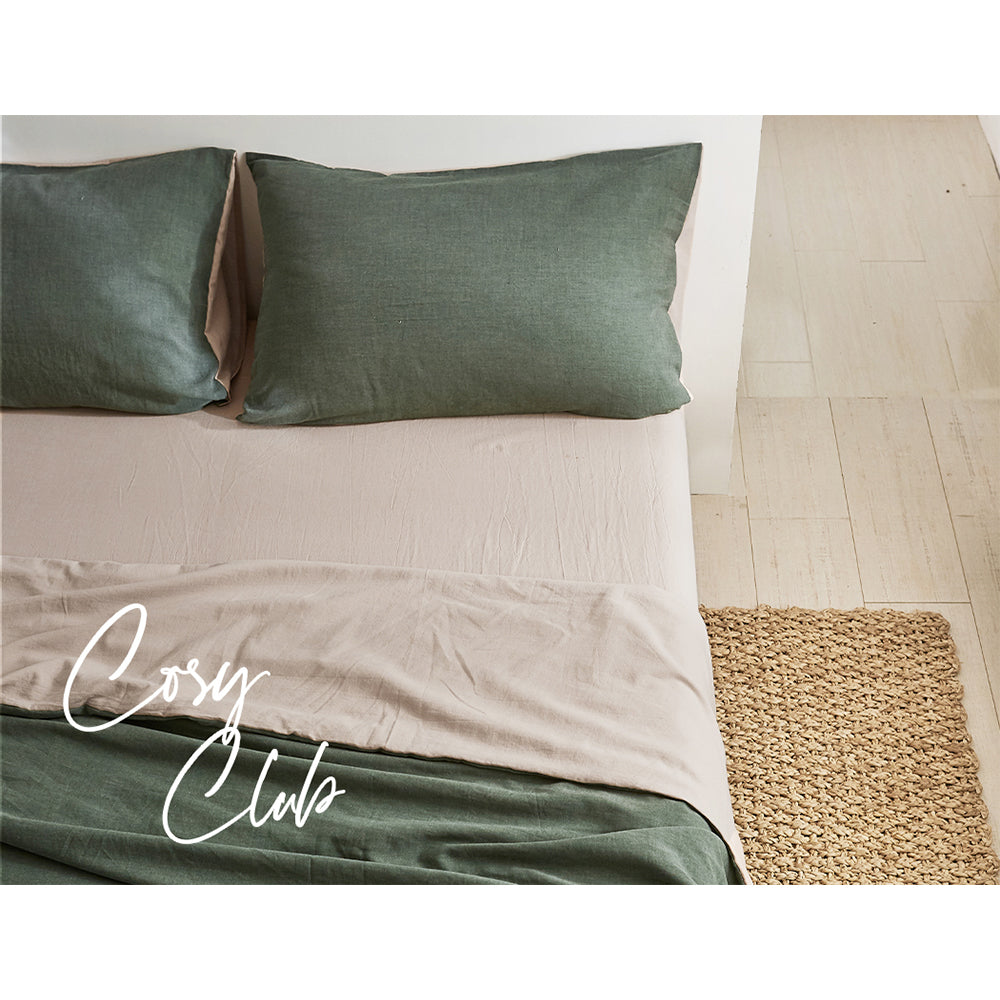 Cosy Club Cotton Bed Sheets Set Green Beige Cover Double CC-SHEETSET-D-GN-BG