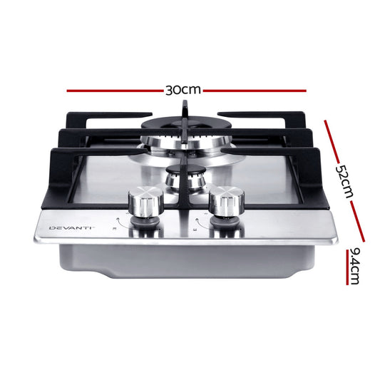 Devanti Gas Cooktop 30cm 2 Burner Silvir CT-GAS-2B-SS