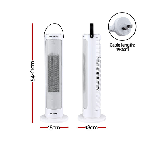 Devanti 2000W Ceramic Tower Heater Space Heaters Oscillating Indoor White CTH-B-2000-WH