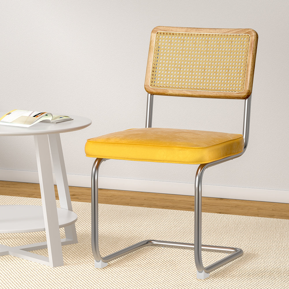 Artiss Dining Chairs Set of 2 Velvet Rattan Cantilever Yellow DINING-B-C01-VEL-YEX2