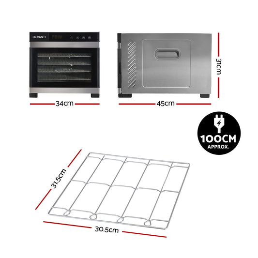 Devanti Food Dehydrator 6 Tray Fruit Dryer Jerky Maker With Stainless Steel Rack