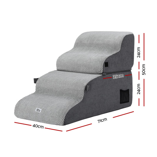 i.Pet Dog Stairs and Bed 2-in-1 Sofa Car Foam Non-Slip Washable Pet Stairs Indoor Grey FDR-D-FOAM-4T-2IN1-GR