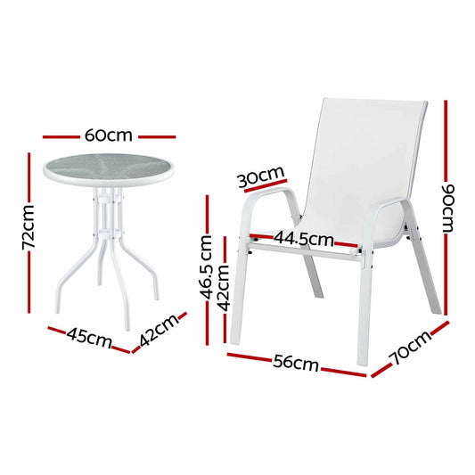 Gardeon 3PC Outdoor Bistro Set Table and Chairs Stackable Patio Furniture White FF-B-STA-AL80-WH
