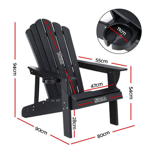 Gardeon Outdoor Chairs HDPE Adirondack Beach Chair Sun Lounge Patio Furniture Garden Black FF-BEACH-HE-BK