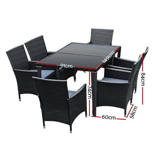 Gardeon Outdoor Dining Set 7 Piece Wicker Lounge Setting Black FF-DINING-7CLS-BK-ABC