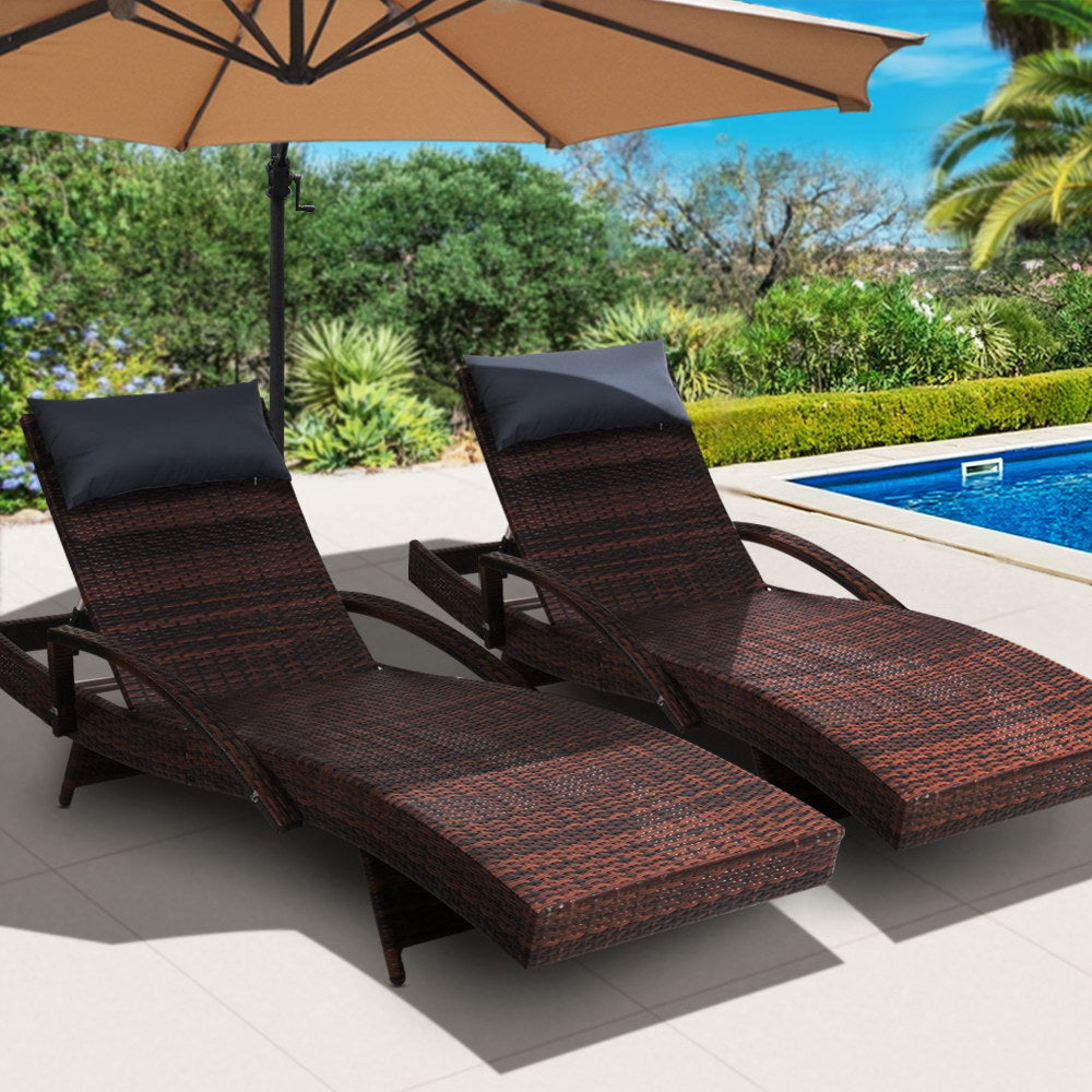 Gardeon 2x Sun Lounge Wicker Lounger Outdoor Furniture Beach Chair Armrest Adjustable Brown FF-LOUNGE-ARM-P-BRX2