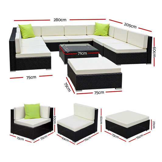 Gardeon 10-Piece Outdoor Sofa Set Wicker Couch Lounge Setting Cover FF-SOFA-BK-10PC-ABCE