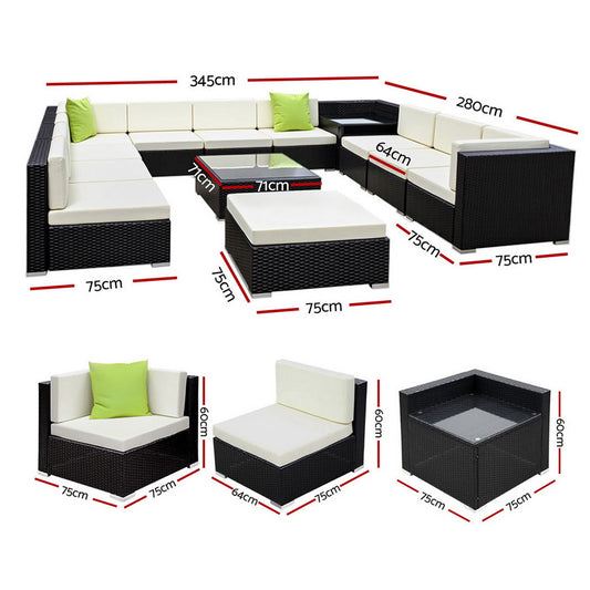 Gardeon 13-Piece Outdoor Sofa Set Wicker Couch Lounge Setting Cover FF-SOFA-BK-13PC-ABDEE