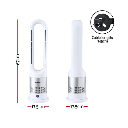 Devanti Bladeless Tower Fan Heater and Cooler 2in1 Portable Oscillation Fan for Bedroom Room Office Use White FH-A-BL-1200-WH