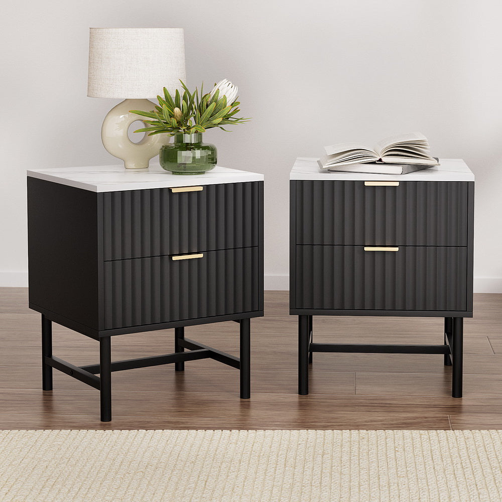 Artiss 2x Bedside Table 2 Drawers - Black FUR-S-BS-03-WHBKX2