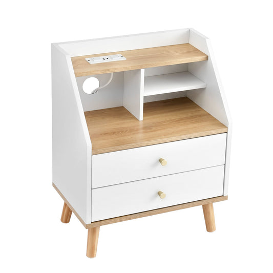 Artiss Bedside Table 2 Drawers Charging Station White and Pine FUR-S-BS-05-WH