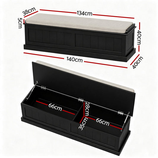 Artiss Storage Ottoman Blanket Box 140cm Fluted Black FUR-S-OTM-RTA-03-PB-BK