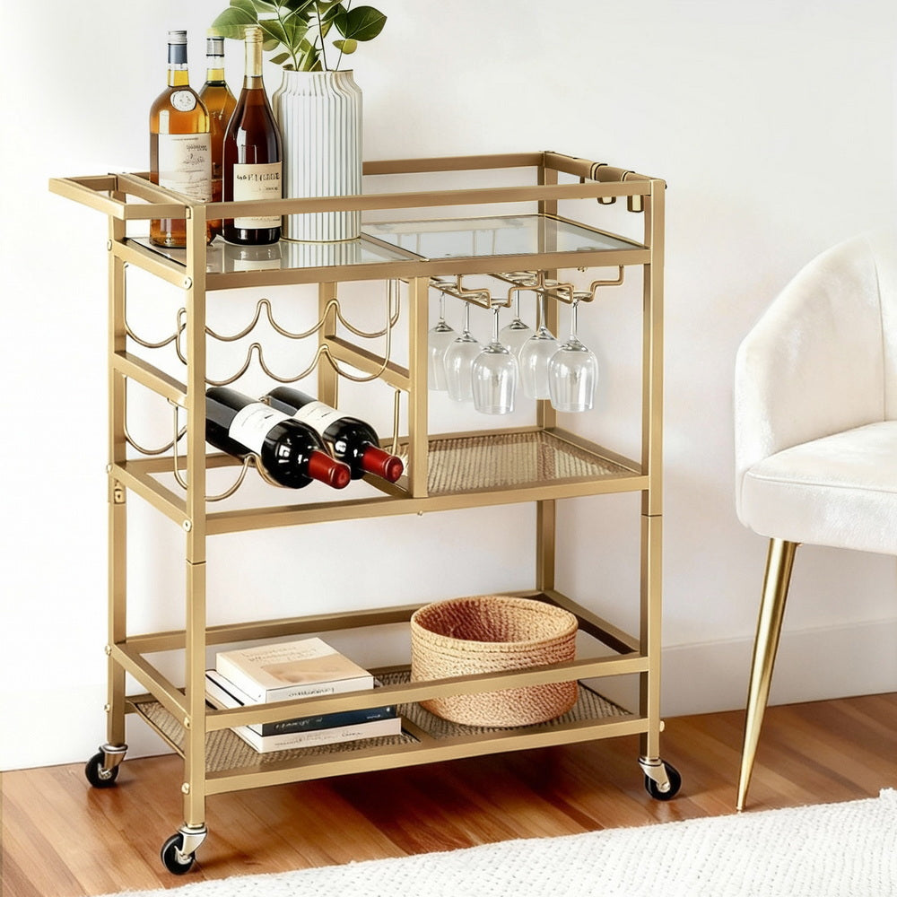Artiss Bar Cart Drinks Trolley Serving Wine Rack Glass Holder 3 Hooks 72cm Gold FUR-Z-BC-GLASS-80