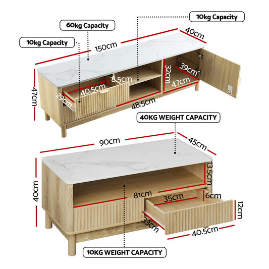 Artiss TV Unit & Coffee Table Set Storage Drawers Pine FUR-Z-TV-COF-WHWD