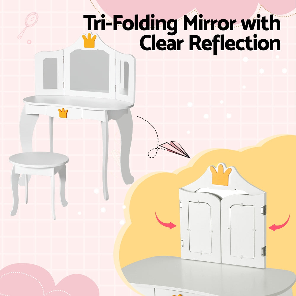 Keezi Kids Dressing Table Vanity Makeup Chair Set Wooden 3 Mirror Drawer White FURNI-C-3MIRROR-CROWN-WH