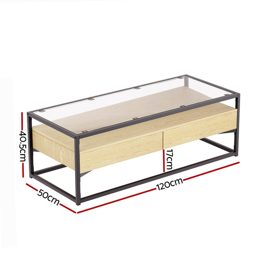 Artiss Coffee Table 2 Drawers Glass Tabletop Pine FURNI-G-COF-02-WDBK