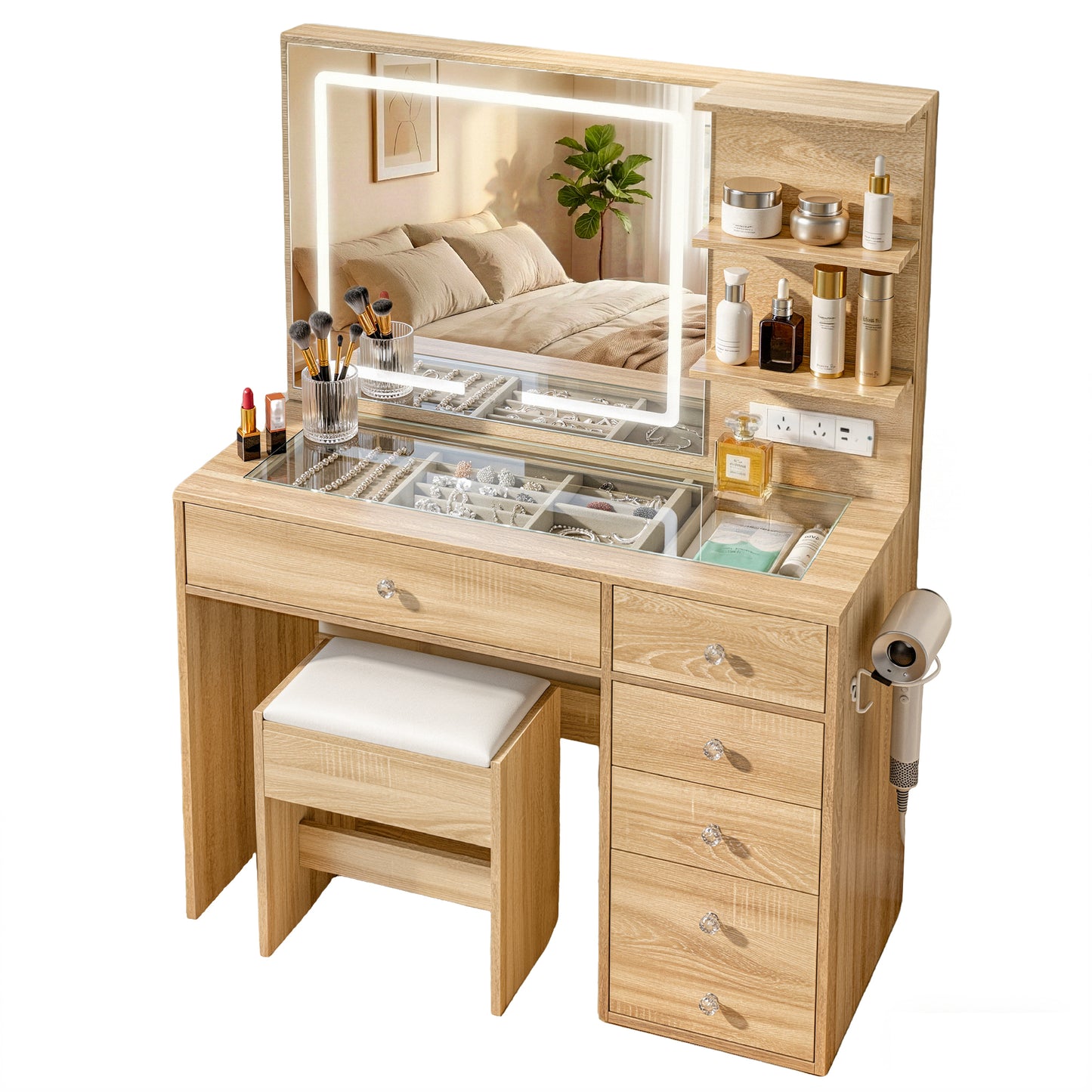 Artiss Dressing Table LED Vanity Desk Set Stool Wood FURNI-L-DRESS07-WD-AB