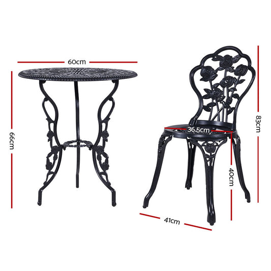 Gardeon 3PC Outdoor Setting Bistro Set Chairs Table Cast Aluminum Rose Black GB-CALU-3PC-XG1015-BK