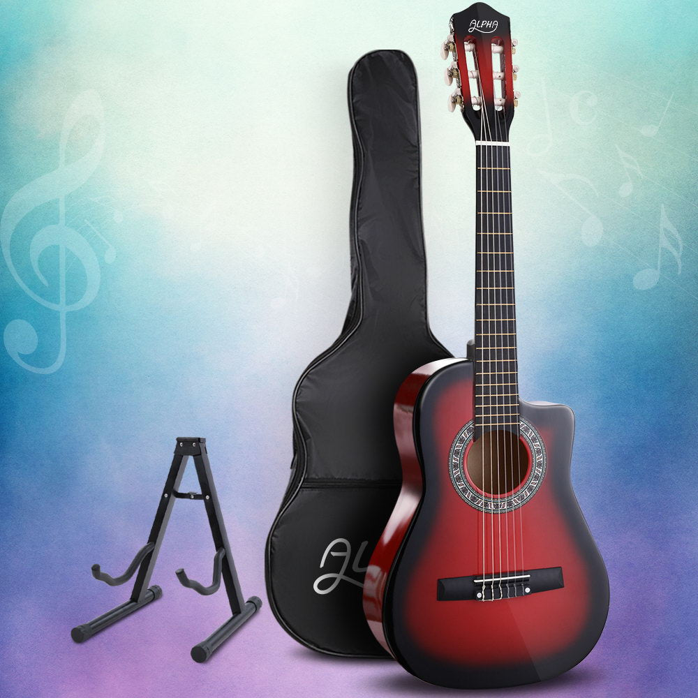 Alpha 34 Inch Classical Guitar Wooden Body Nylon String w/ Stand Beignner Red GUITAR-D-34-RED-CAPO