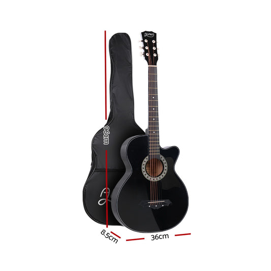 Alpha 38 Inch Acoustic Guitar Wooden Body Steel String Full Size w/ Stand Black GUITAR-D-38-BK-CAPO