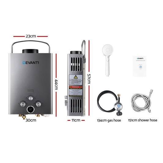 Devanti Portable Gas Water Heater LPG System Grey GWH-LPG-8L-SW-BG-DI