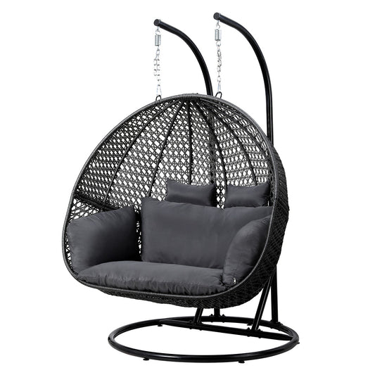 Gardeon Outdoor Swing Chair Hanging Rattan Patio Furniture Pod Stand Cushion 2 Seater HM-B-EGG-TAT-D-J-BKGR-AB