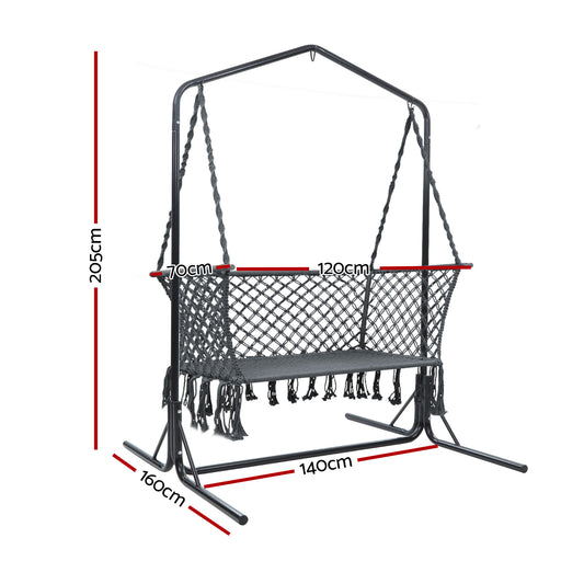 Gardeon Hammock Chair with Stand Macrame Outdoor Garden 2 Seater Grey HM-CHAIR-STAND-U-DOU-GREY