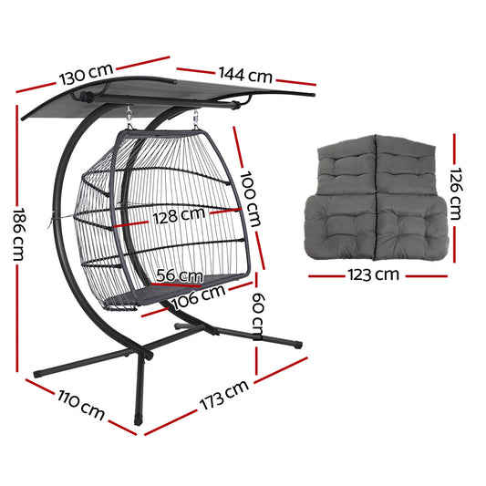 Gardeon Outdoor Egg Swing Chair Wicker Furniture Pod Stand Canopy 2 Seater Grey HM-EGG-FOLD-D-GR