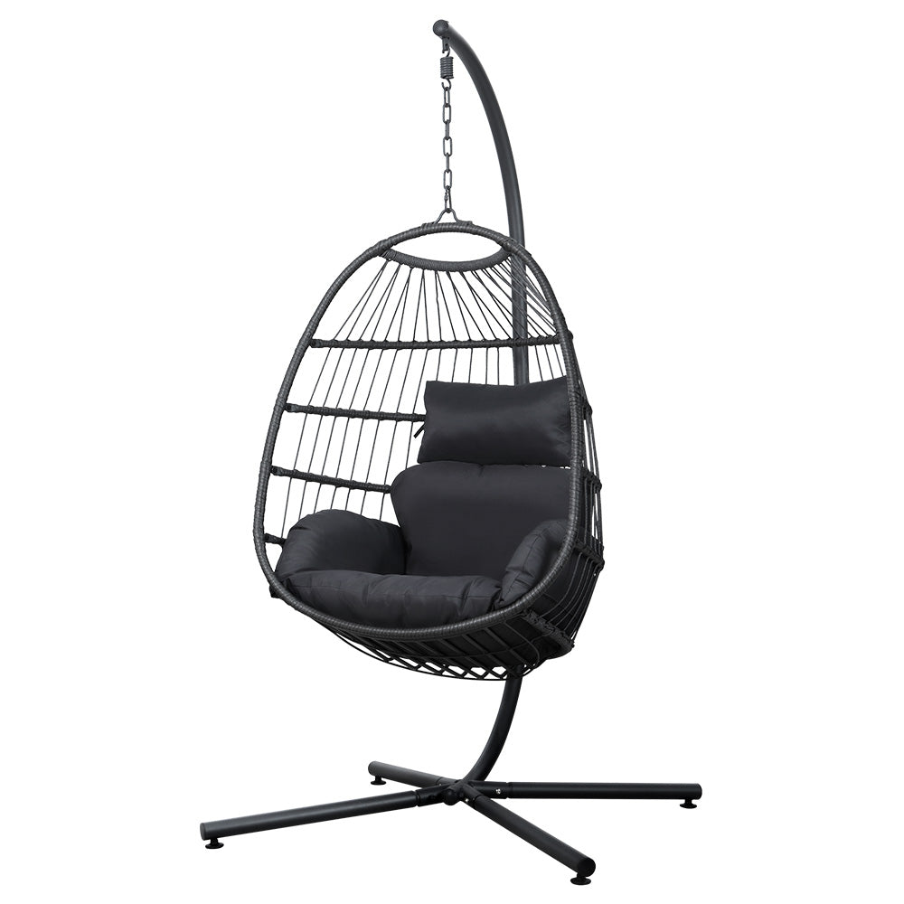 Gardeon Outdoor Egg Swing Chair Hanging Chair Wicker Rope Pod Stand Foldable Grey HM-EGG-ROPE-XD-GREY