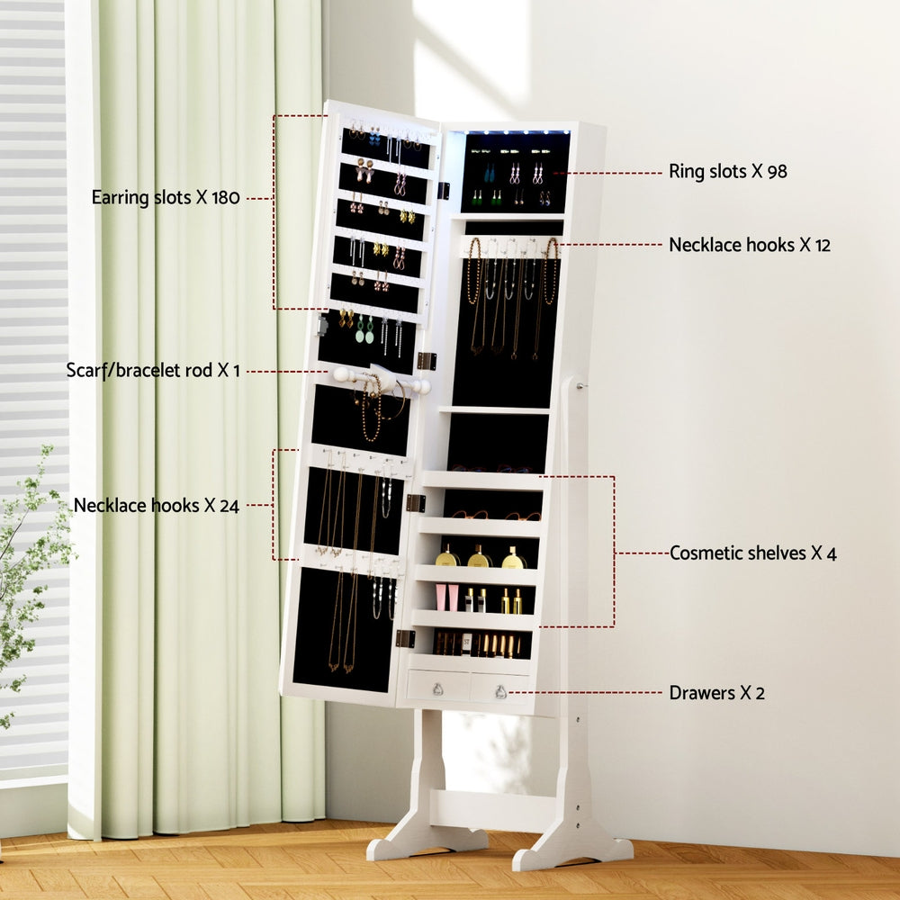Artiss Jewellery Cabinet Mirror Free Standing JC-STAND-LED-2D-WH