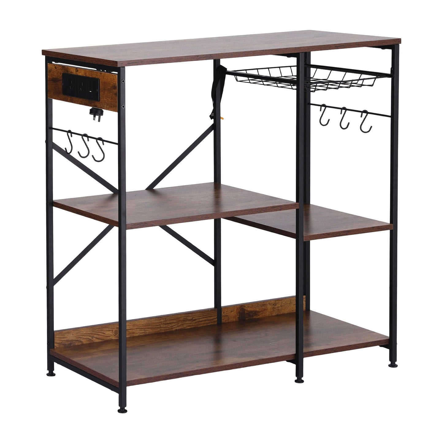 Artiss 3-Tier Kitchen Rack with 2 Power Outlets Microwave Storage Shelf 6 Hooks 90CM KR-MEL-3S-90-2AC-BKBR