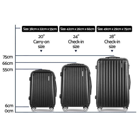 Wanderlite 3 Set Luggage 20-24-28 Inch with Zipper Lock Carry On Hard Shell Travel Suitcase Luggage Case Black LUG-ABS-ECO-3SET-BK